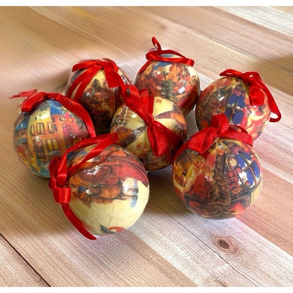Vintage Old World Santa Cherub Paper Mache Christmas Ball Ornaments Set Of 7